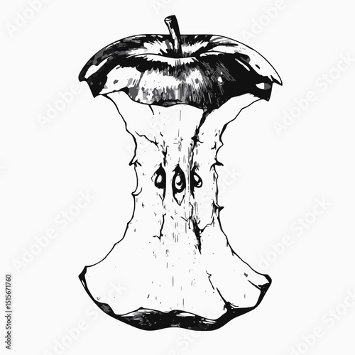 A detailed pen and ink style drawing of an eaten apple core with visible seeds and stem.