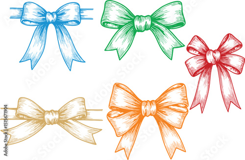 Colorful Merry Christmas Bow set. Ideal for greeting card, poster or banner. Social, electronic and print media post. Editable vector, EPS 10.
