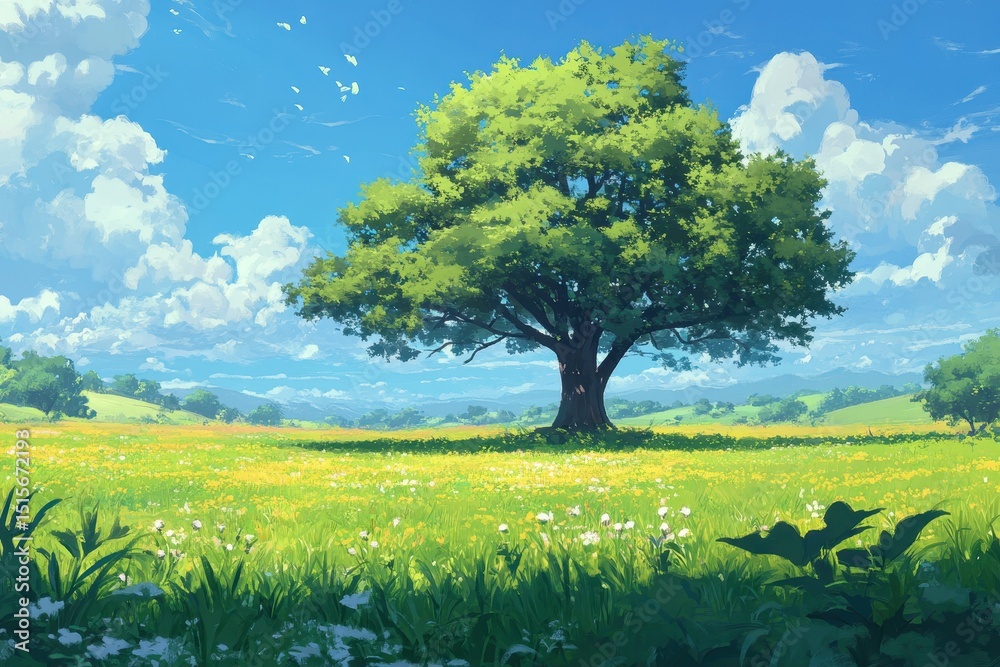 Obraz premium Shady tree stands alone in a vibrant anime style field under a bright blue sky, shady tree in the middle of the field, anime style, seamless ing background