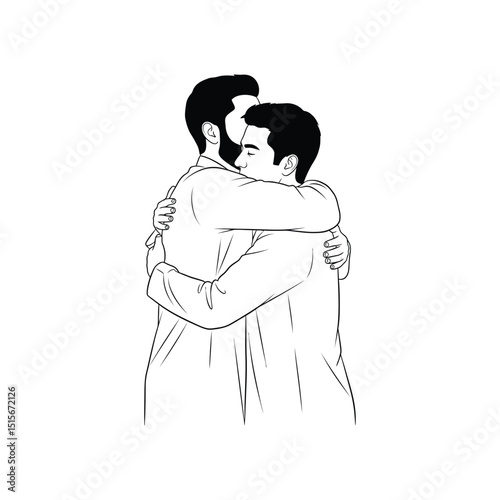 Emotional Vector Illustration of Two Men Embracing in Monochrome Outline Style - two men hugging - Muslim-Men-Hugging-Outline-Vector - monochrome - outline style