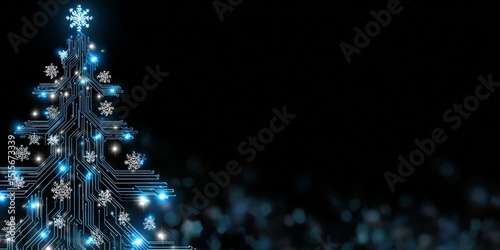 Futuristic tech christmas tree with circuit board snowflakes on black background