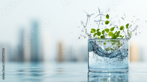 Glass of water with green plants and wind turbines symbolizes sustainable energy and environmental conservation. cityscape in background highlights urban integration