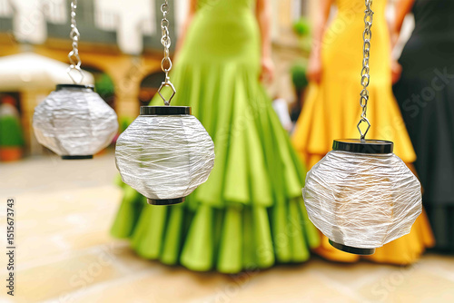 Traditional Spanish fiesta at sunset people dancing flamenco in colorful dresses paper lanterns old town square warm lighting festive atmosphere Canon E