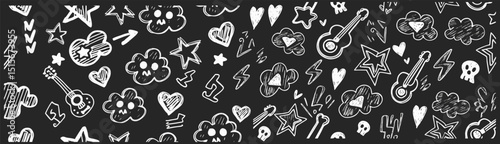 Whimsical Black and White Doodle Pattern with Musical Instruments and Symbols. This graphic features a playful, black and white doodle pattern.