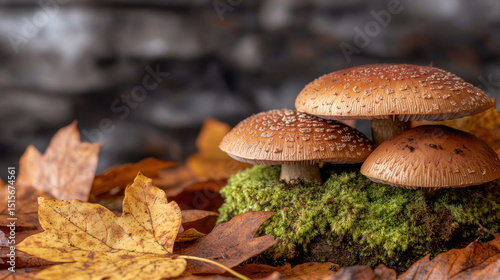 Mushrooms growing on moss with autumn leaves create serene forest scene