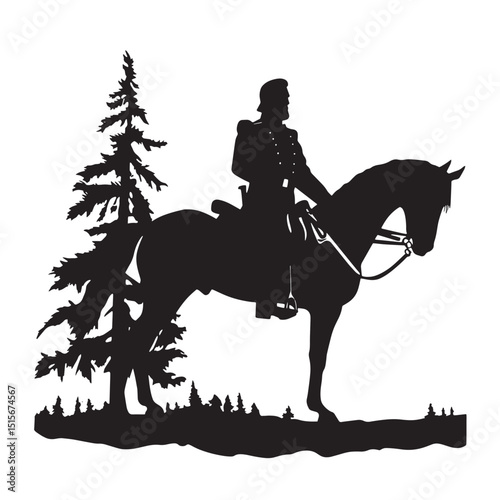 Dynamic black vector silhouette of a horse rider on a galloping stallion, perfect for equestrian sport illustrations