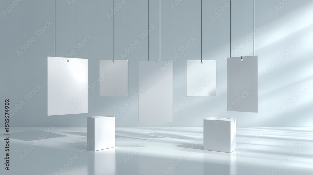Fototapeta premium Minimalist Display of Blank Hanging Frames in a Light-Drenched Space