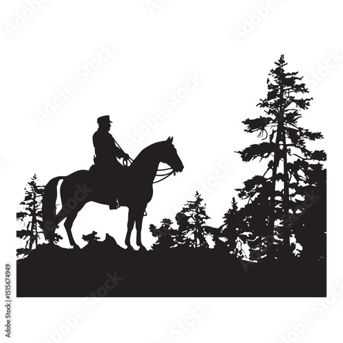 A lone cowboy rides his horse, a striking black silhouette of an equestrian rider isolated in an illustration, capturing the essence of sport and farm animals in art