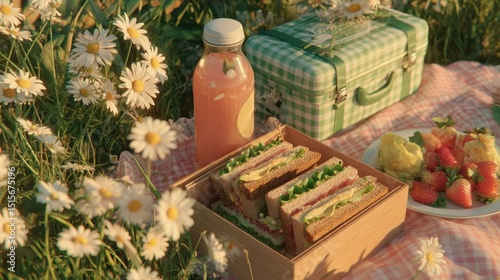 Fresh Picnic Spread with Sandwiches, Snacks, and Refreshing Drink photo