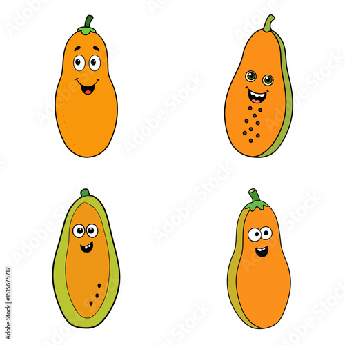 Cartoon illustration of four smiling papaya fruits with different colors and facial expressions on a white background