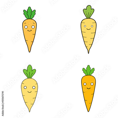 Four cartoon carrots with different shades of orange and yellow and green tops on a white background