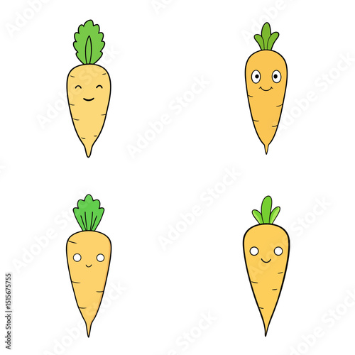 Four cartoon carrots with different facial expressions arranged in a two by two grid on white background