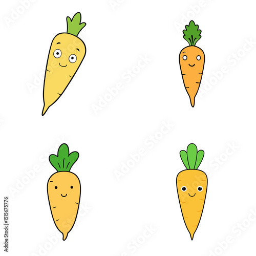 Four cartoon carrots with different facial expressions and colors on a white background are displayed here