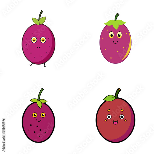 Four cartoon fruits with faces and different colors and shapes on a white background in a square layout