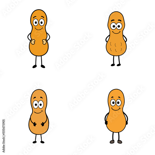 Four cartoon peanuts with different facial expressions standing on a white background in a square layout