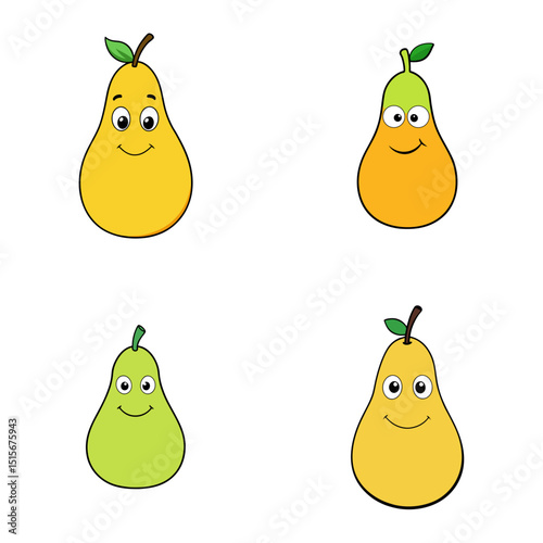 Illustration of four cartoon pears with different colors and smiling faces on a white background