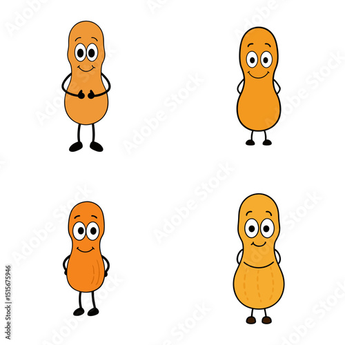 Four cartoon peanuts with different poses and expressions on a white background in a simple illustration