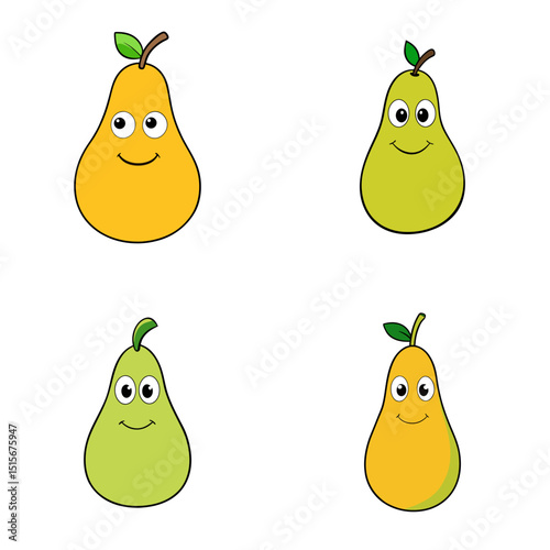 Four cartoon pears with different colors and happy faces arranged in a square on a white background