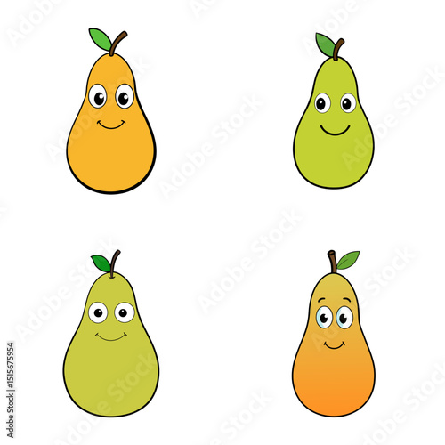 Four cartoon pears with different colors and expressions arranged in a square pattern on white background