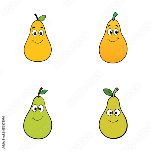 Four cartoon pears with different colors and expressions arranged on a white background in a square format