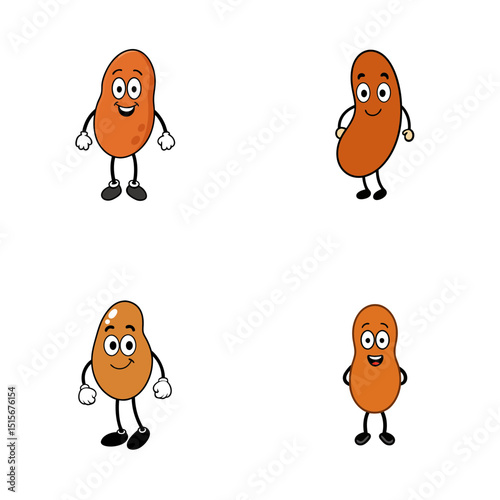 Four cartoon beans with arms and legs standing in different poses on a white background image view