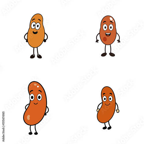 Four cartoon beans with different expressions standing on a white background in a square layout