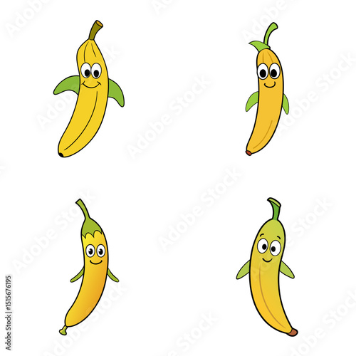 Illustration of four cartoon bananas with faces and green leaf arms on a white background design