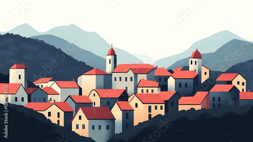 A picturesque village nestled in a valley, with terracotta-roofed houses and misty mountains.