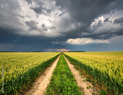 Wheat field path under storm clouds