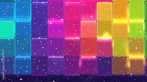 Vibrant, colorful, glowing, rectangular blocks arranged in a grid. Sparkling particles within