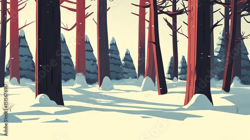 Winter forest scene with snow-covered trees.