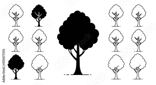 Collection of Black Tree Silhouettes: Various Nature Outline Shapes
