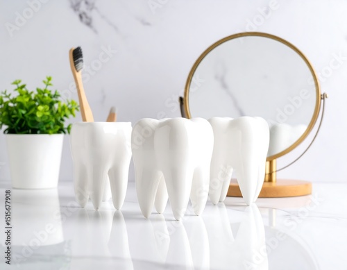 White teeth and toothbrush on marble