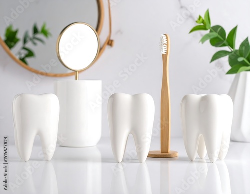 White teeth, toothbrush, and bathroom setting