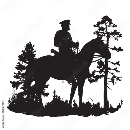Black vector silhouette of a cowboy rider on a horse, an isolated equestrian sport illustration