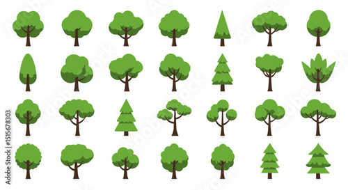 Diverse Green Tree Clipart Collection: Flat Design Nature Vector Set
