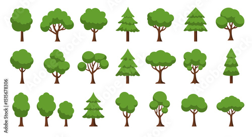 Diverse Green Tree Clipart Collection: Flat Design Nature Vector Set