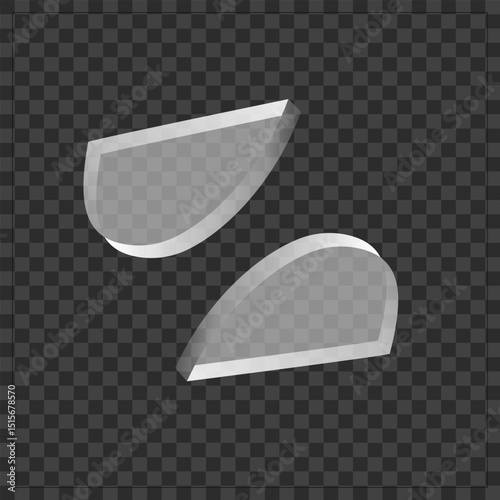 Rounded broken transparent glass segments – smooth cracked elements isolated on transparent background, great for light damage effects, overlays, or broken glass UI visuals.

