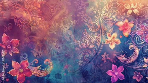 Vibrant floral paisley pattern, abstract, ornate, and soft