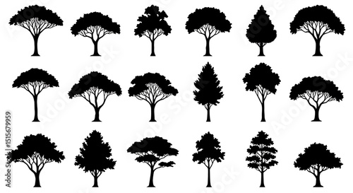 Collection of Black Tree Silhouettes: Various Nature Outline Shapes