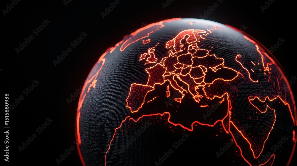 Fototapeta premium A glowing digital globe shows Europe, Africa, and parts of Asia, outlined in red against a dark background.
