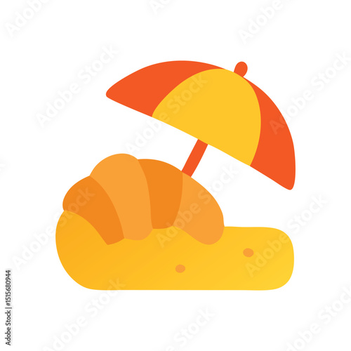 Croissant with an umbrella on top, whimsical food design suitable for bakery menus, food blogs, or summerthemed graphics.