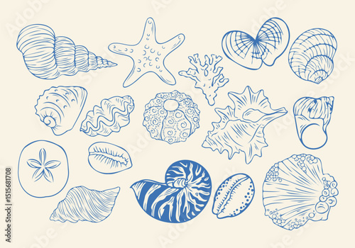 Blue Line Art Sea Shell Bundle – Marine Graphic Set. Perfect for travel blogs, summer marketing campaigns, greeting cards, and vacation-themed designs.