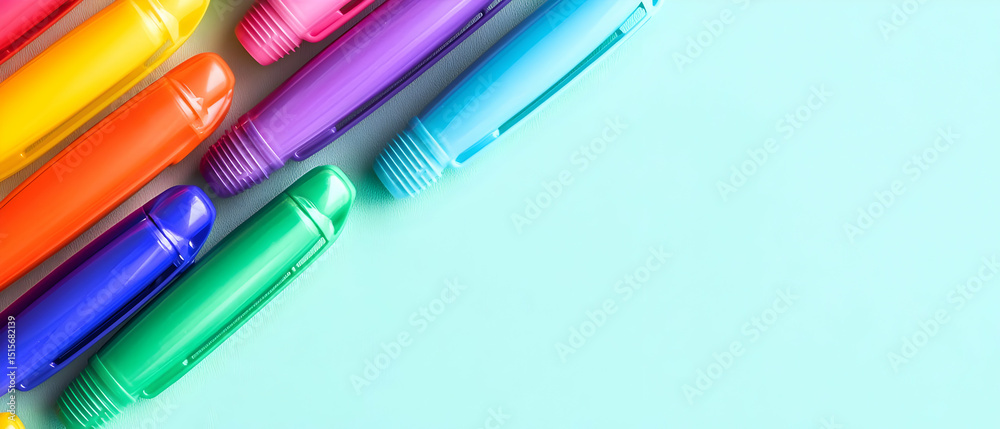 Fototapeta premium Assorted Colorful Markers On Light Blue Background