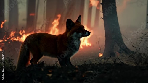 Close-up view of a fox in a forest fire. A close-up of the fox captures its fierce spirit as it faces the harsh realities of a forest fire surrounding it.