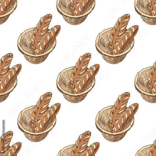 Hand drawn vintage seamless pattern of bread basket with baguettes in color sketch style