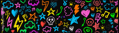 Vibrant Doodle Pattern on Black Background. A repeating pattern of colorful, hand-drawn doodles on a black background.