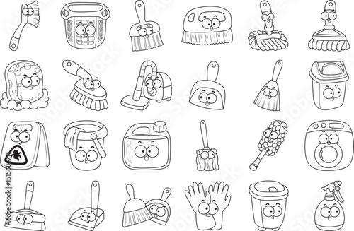 Outline of Home cleaning cute doodle vector images with eyes and mouth.