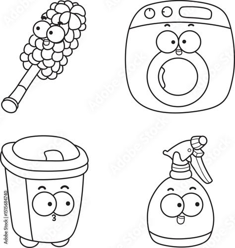 Outline of Home cleaning cute doodle vector images with eyes and mouth.