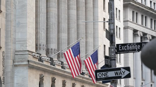 New York City, United States. Lower Manhattan Downtown Financial District. American Wall street. Exchange and Broad corner road traffic sign. Stock Exchange, USA Stock Market. Crossroad intersection.